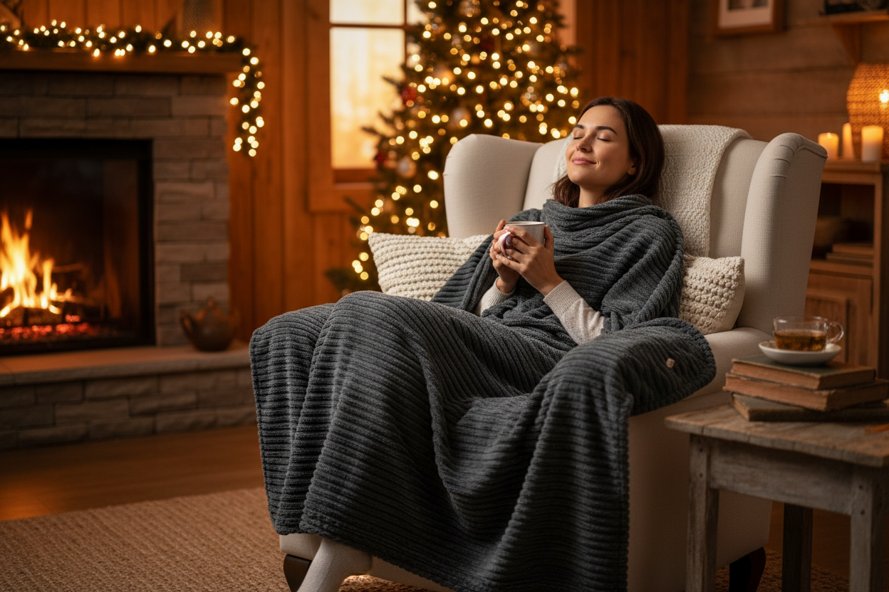 het gaat om een grijze deken en doe beetje kerst lichtjes er bij en die kat weg